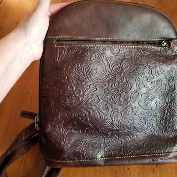 Jack Georges Brown Floral Embossed Leather Backpack Tote Satchel Bag Purse - Picture 3 of 16
